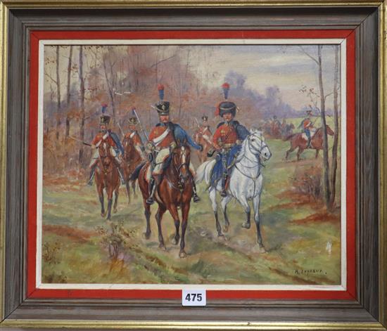 Albert Le Preux (French 1868-1959), oil on canvas, Cavalry in woodland, signed, 33 x 41cm